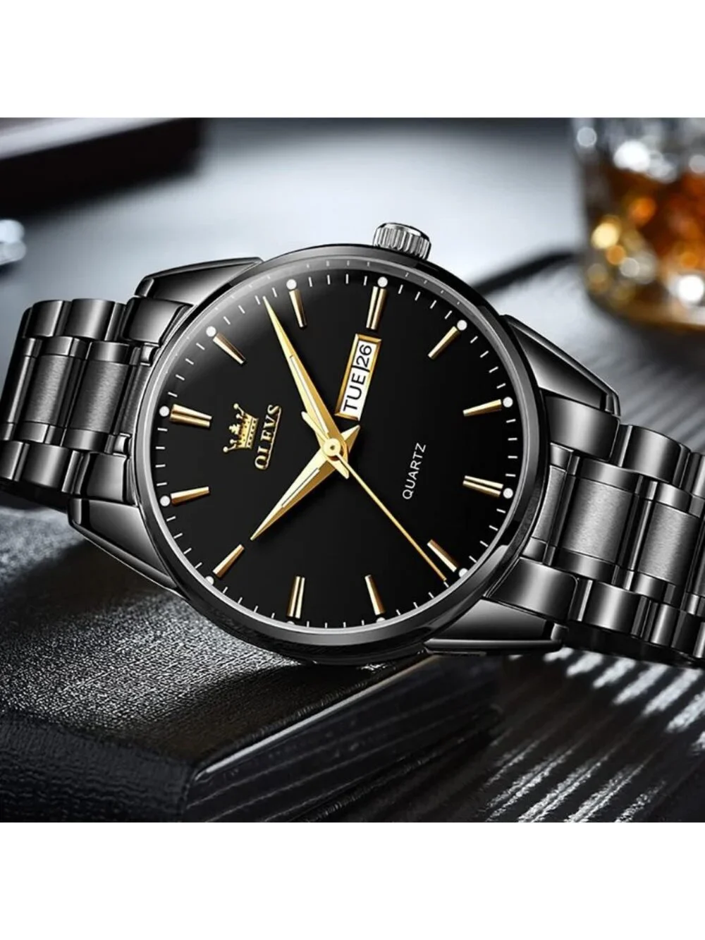 Men's Black Analog Quartz Stainless Steel Luxury Luminous Waterproof Round Watch